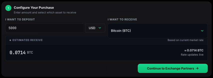 Enter the amount to deposit and the coin you want to receive