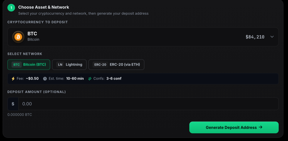 Choosing the cryptocurrency and network, then generating a deposit address on 1 Trade Market