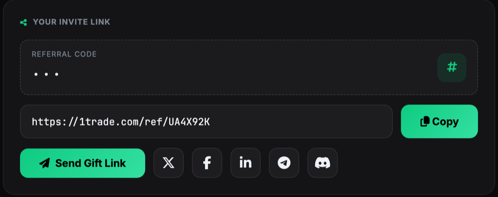 The invite link section of the 1 Trade Market referral page