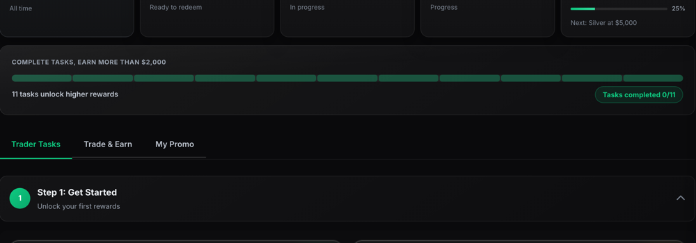 Reward tiers on 1 Trade Market, where a higher trading volume earns a higher rate